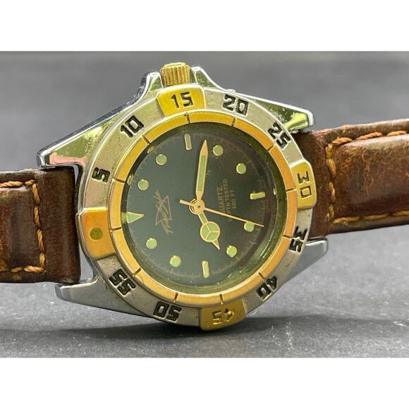 Vtg Freestyle Watch Women Silver Gold Two Tone Brown Leather Band 300 Ft WR main image 10